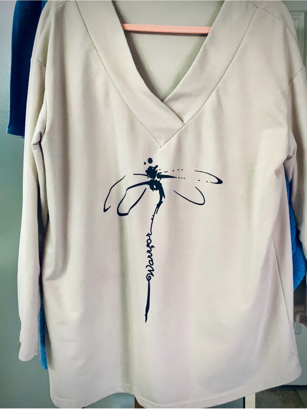 Dragonfly Graphic V-Neck Pullover - Light Beige with Black Print